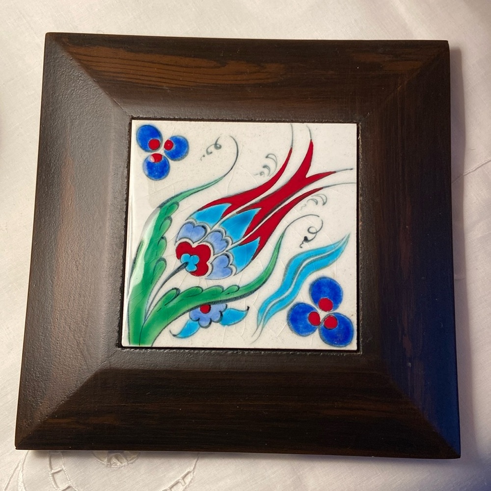 Framed Ceramic Tile Tulip Floral Wood Frame Bright Colors Hanger 7 1/2”x 7 1/2”